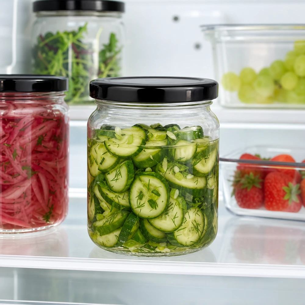 Tarro redondo de 53ml con tapa BasicSeal negro UNiTWIST 53ml Rundglas mit schwarzem Deckel gefüllt mit eingelegten Gurken im Kühlschrank frische Konservierung Pickles