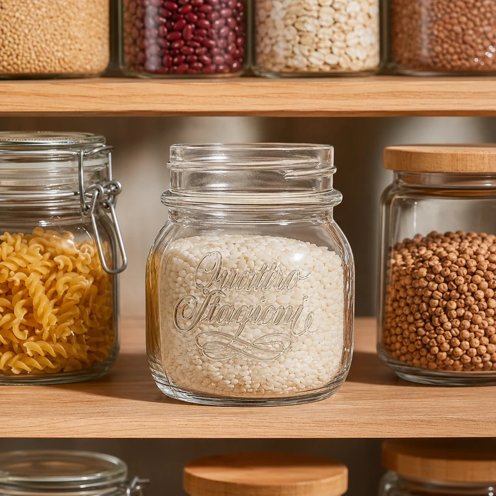 Tarro doméstico Quattro Stagioni de 150 ml lleno de arroz en el armario de almacenamiento organizado almacenamiento en la cocina