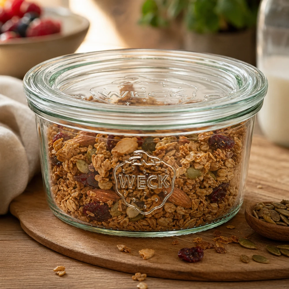 Vasos de 165ml con tapa de cristal WECK RR80 Tarro de cristal RR80 WECK de 165 ml lleno de muesli y frutos secos en una tabla de madera redonda para un almacenamiento perfecto