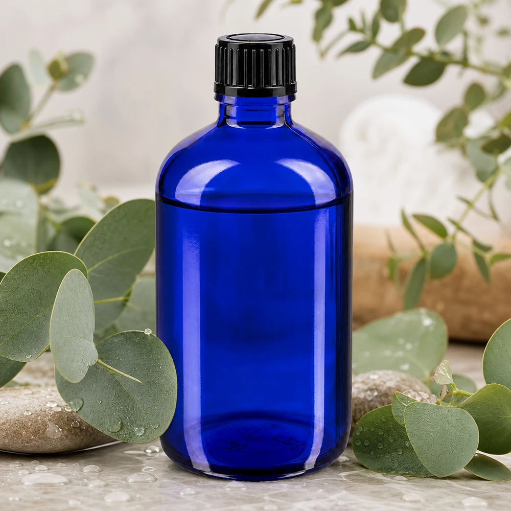 Frasco de cristal azul cobalto de 100 ml con un dosificador negro, rodeado de ramas frescas de eucalipto