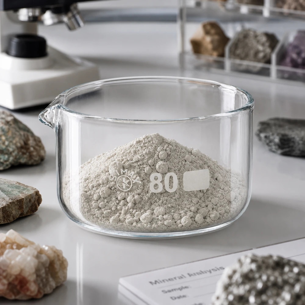 Cubeta de cristalización 150ml con pico borosilicato ø80mm Recipiente de cristalización de 150 ml con polvo mineral gris sobre una superficie de laboratorio blanca, rodeado de muestras de roca de 80 mm de diámetro
