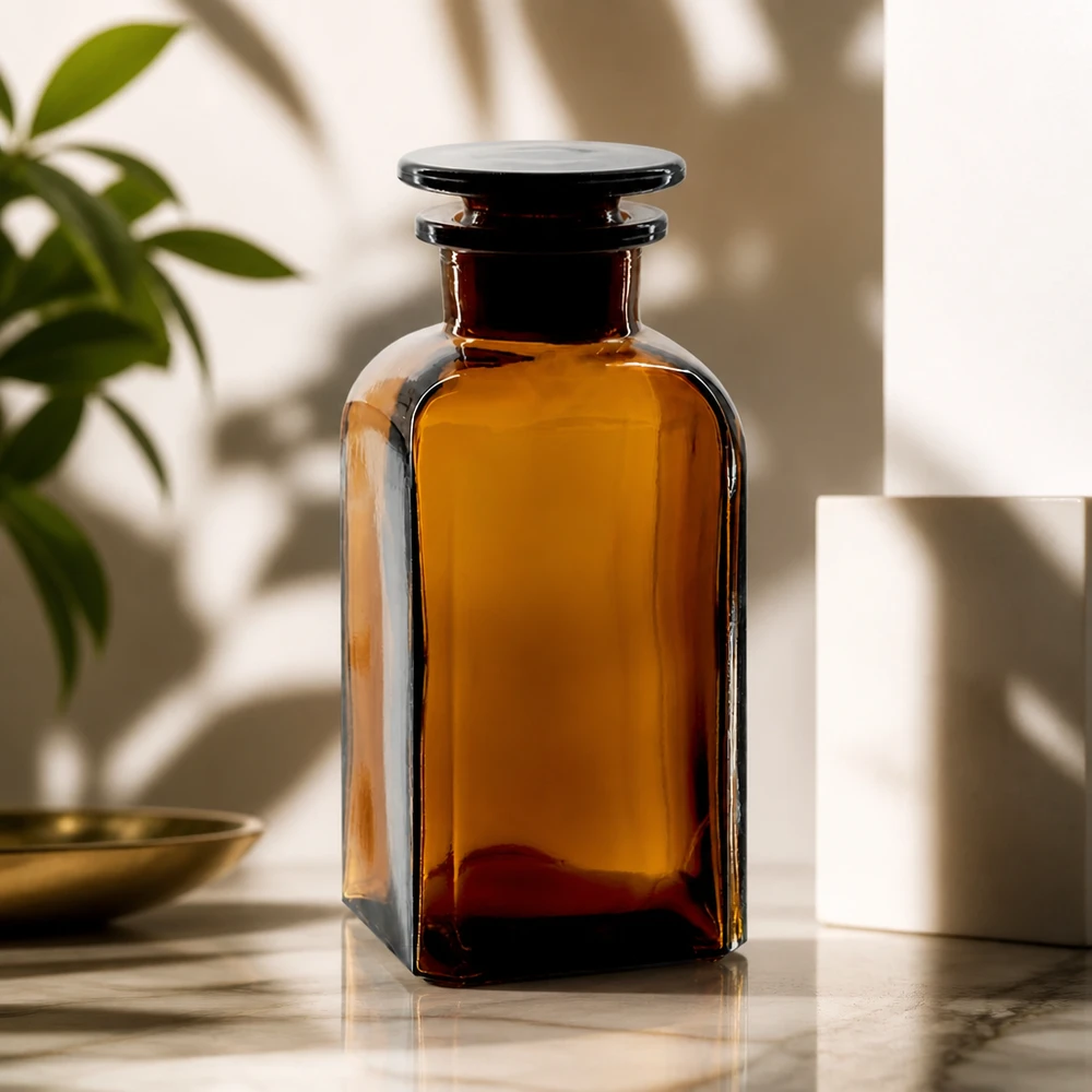 Botella cuadrada marrón de 350 ml con cuello ancho y tapón de cristal sobre mármol
