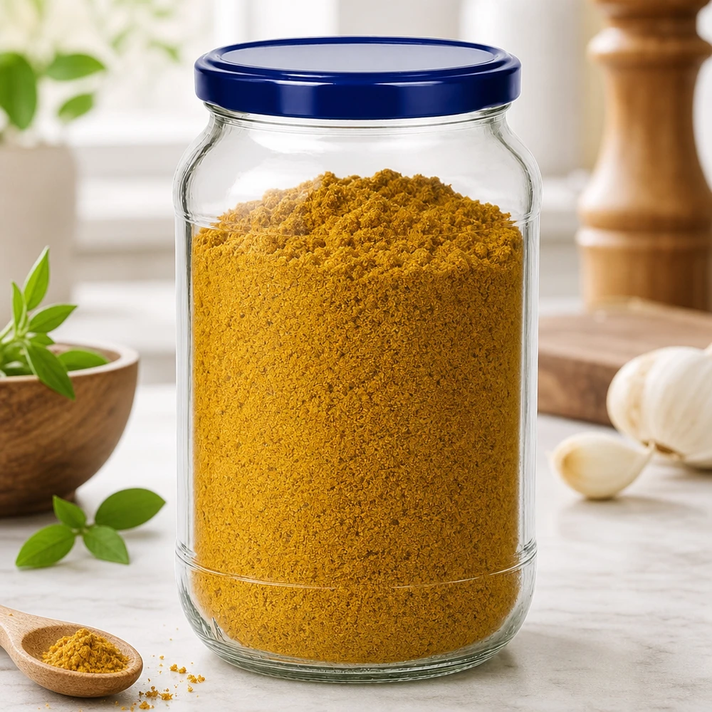 1062ml tarro redondo BasicSeal tapa azul UNiTWIST lleno de curry especias en polvo Escena de cocina tarro de especias