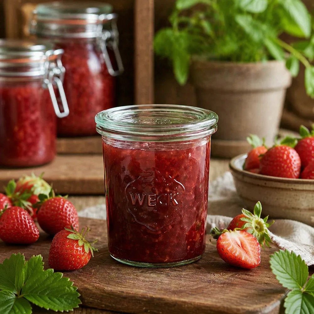 WECK RR60 Tarro de 160 ml lleno de mermelada de fresa casera, rodeado de fresas frescas sobre una mesa de madera.