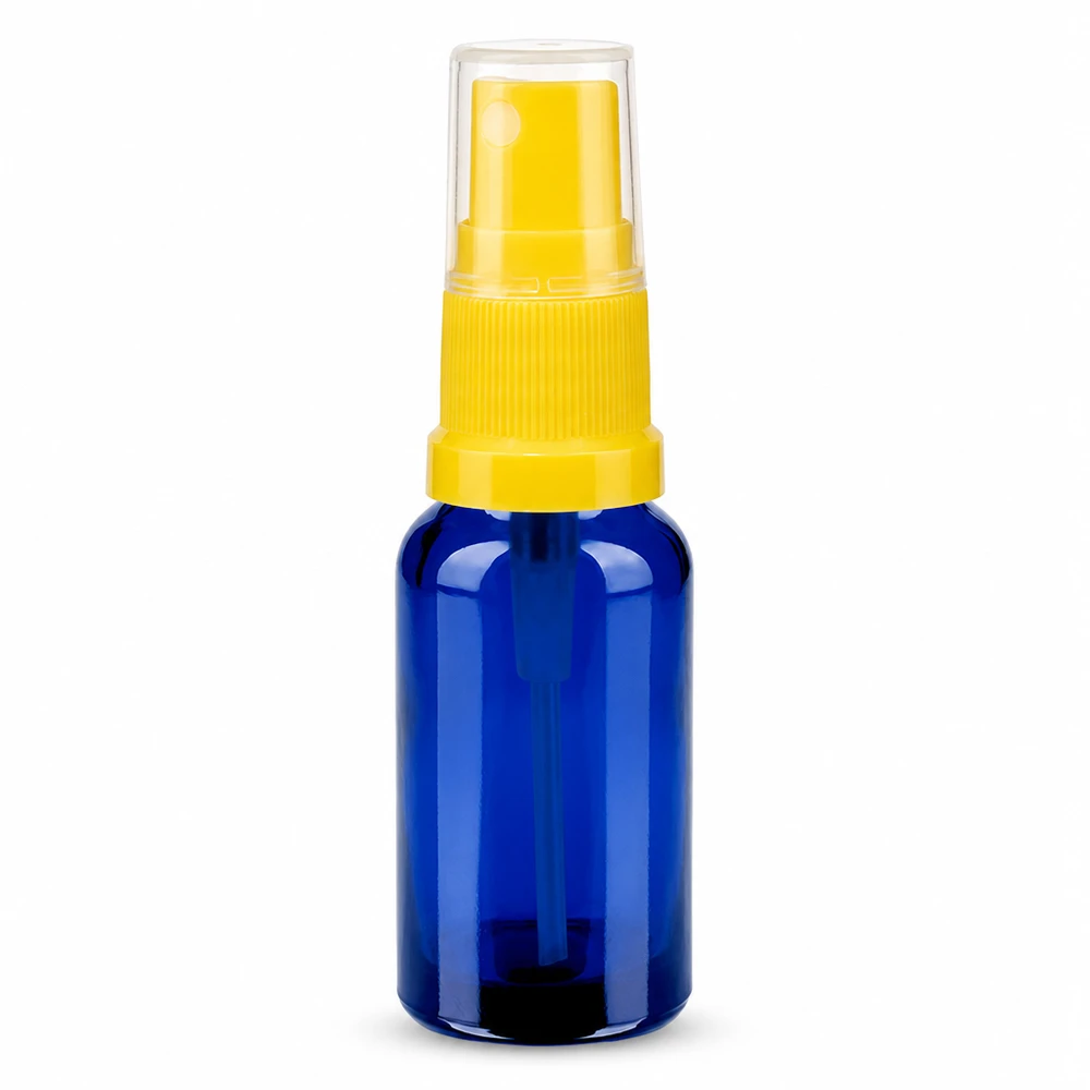 Frasco pulverizador de 20 ml amarillo/transparente tapa estándar BlueLine UT18/20 Frasco pulverizador de 20 ml azul transparente con cabezal amarillo STD BlueLine UT18/20