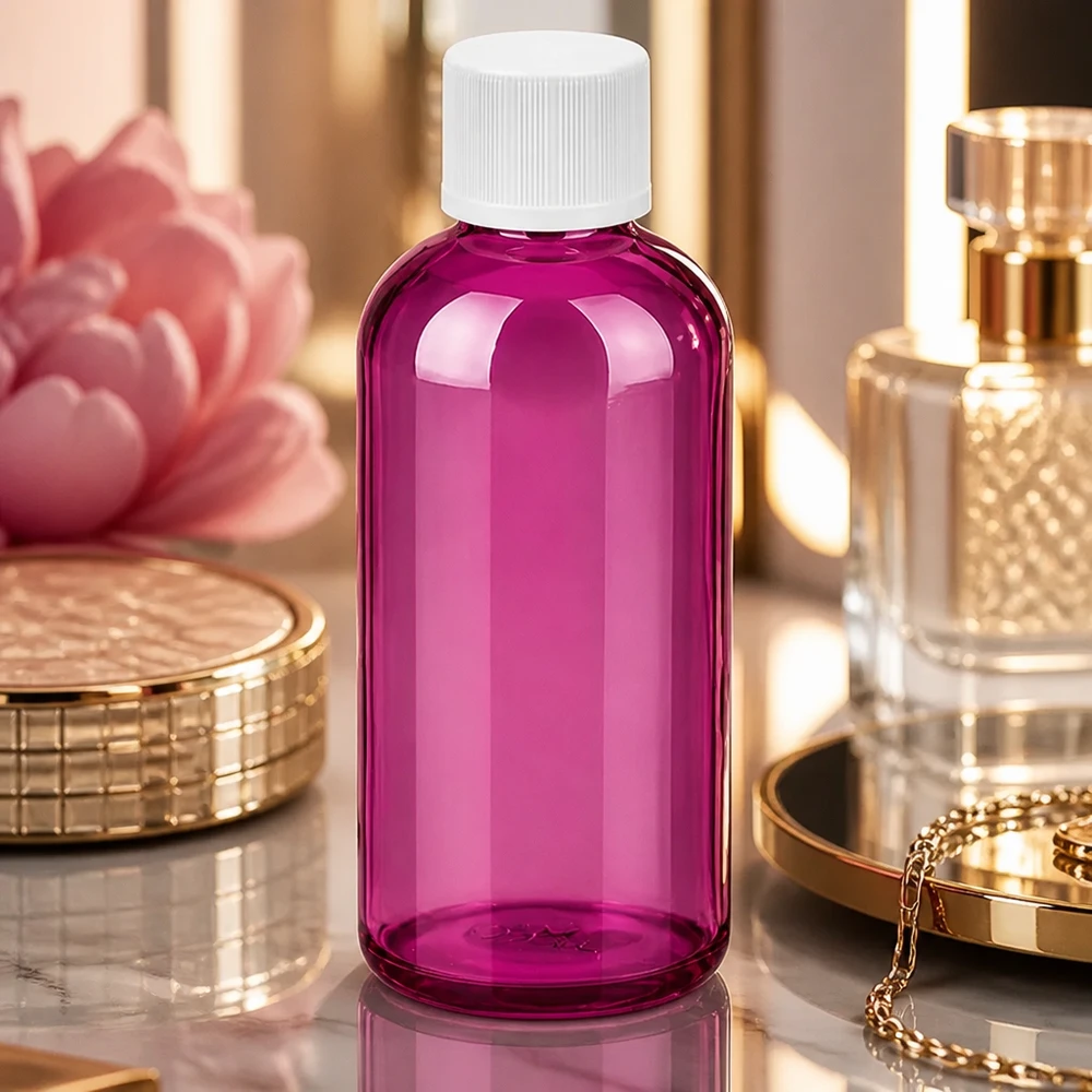 Frasco de plástico de alta calidad de 100 ml en color morado con rosca UT18 para productos cosméticos profesionales
