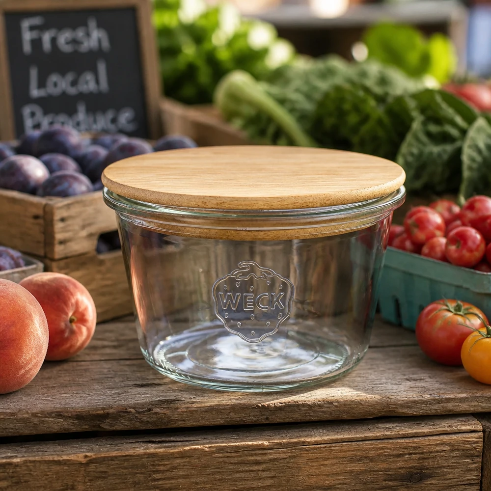 Vasos WECK RR100 de 370 ml con tapa de bambú sobre una mesa de madera rodeada de fruta y verdura fresca del mercado