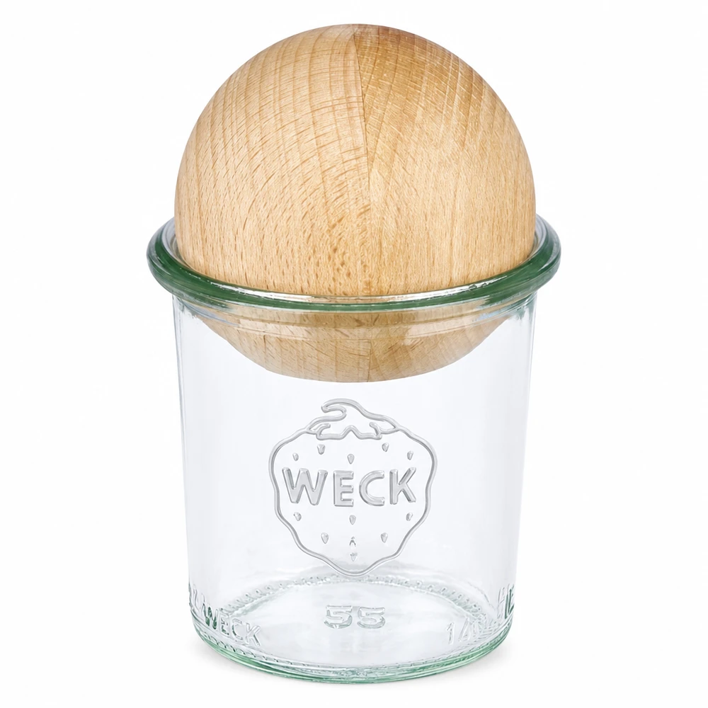 Vasos WECK RR60 de 140ml con bola de madera de haya Tarro de cristal RR60 WECK de 140 ml con tapa de madera de haya para almacenamiento y conservación