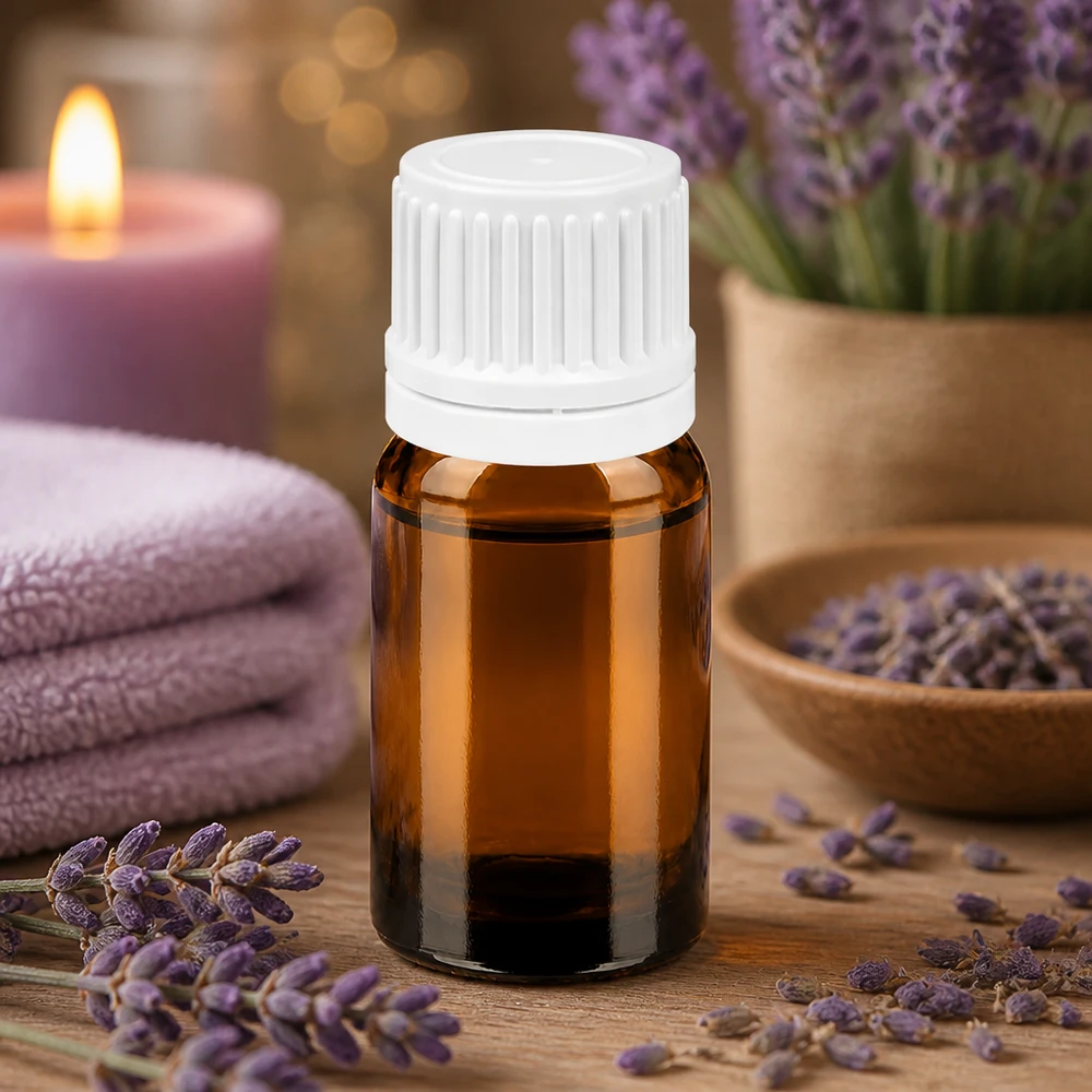 Frasco de vidrio compacto de 5 ml en marrón con práctico tapón de rosca blanco para uso móvil