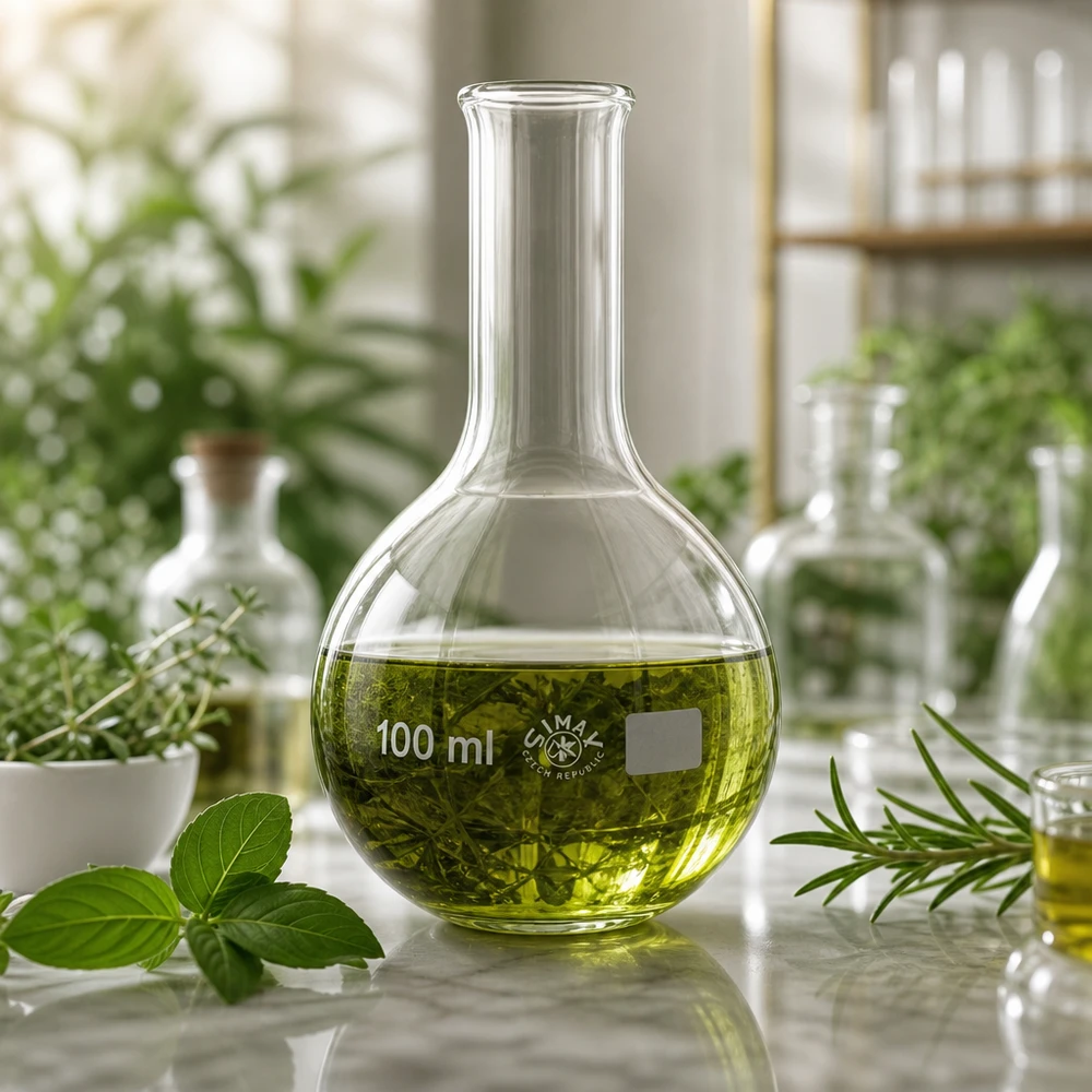 Matraz Erlenmeyer 100ml cuello estrecho Frasco de 100 ml con líquido verde y extracto de plantas para experimentos botánicos de laboratorio