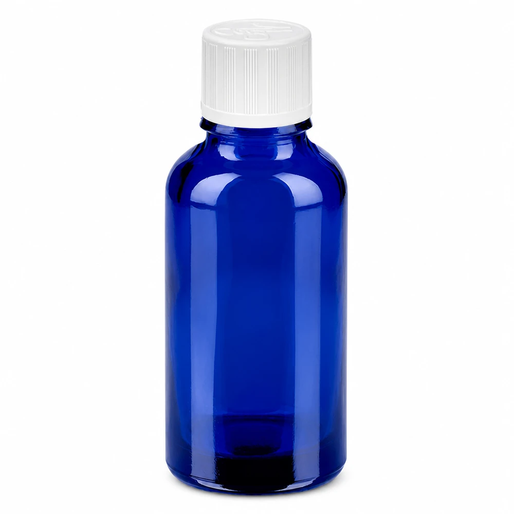 Frasco de vidrio azul de 30 ml con tapón blanco para aceites esenciales y cosméticos