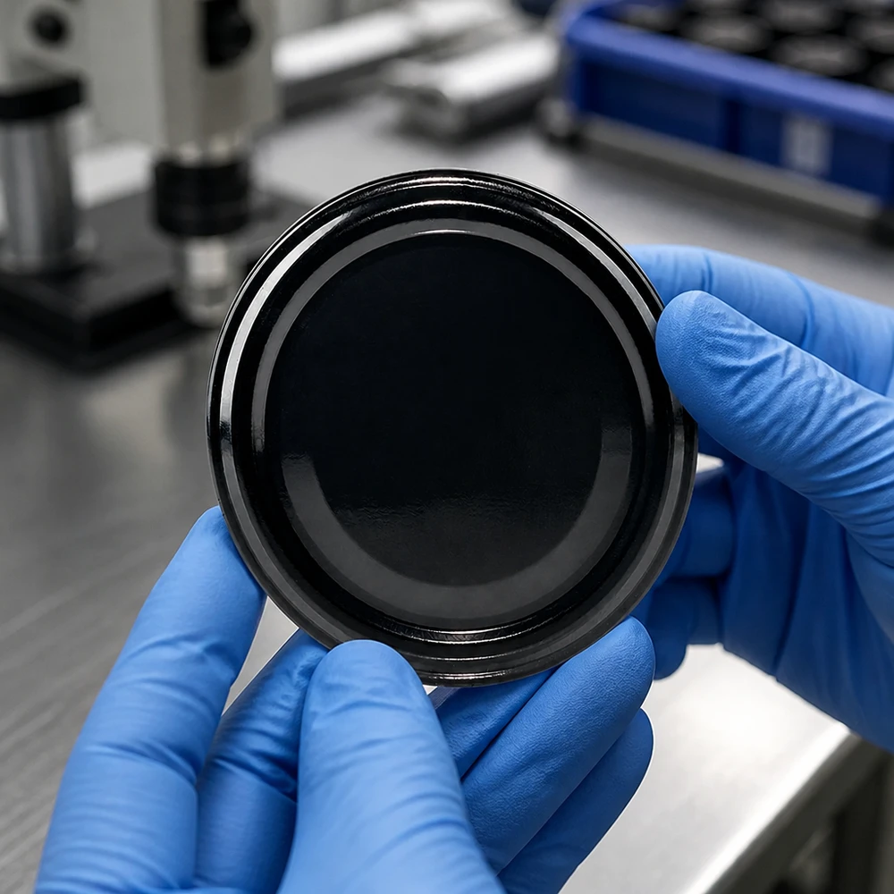 UNiTWIST TO82 negro, BioSeal, sin BPA, UNiTWIST Tapa de rosca UNiTWIST TO82 negra BioSeal. Primer plano en un entorno de laboratorio con guantes protectores azules.