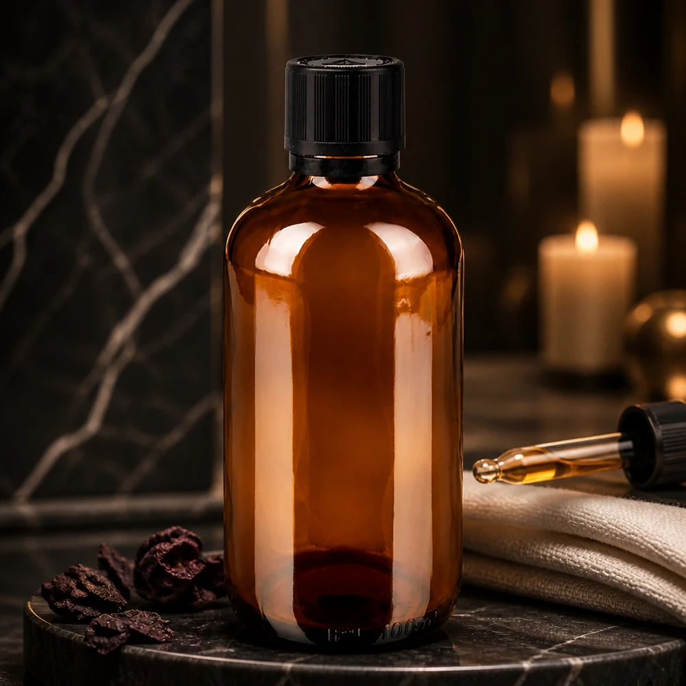 Frasco de vidrio ámbar de 100 ml con tapón de seguridad negro y cierre a prueba de niños, sobre fondo de mármol