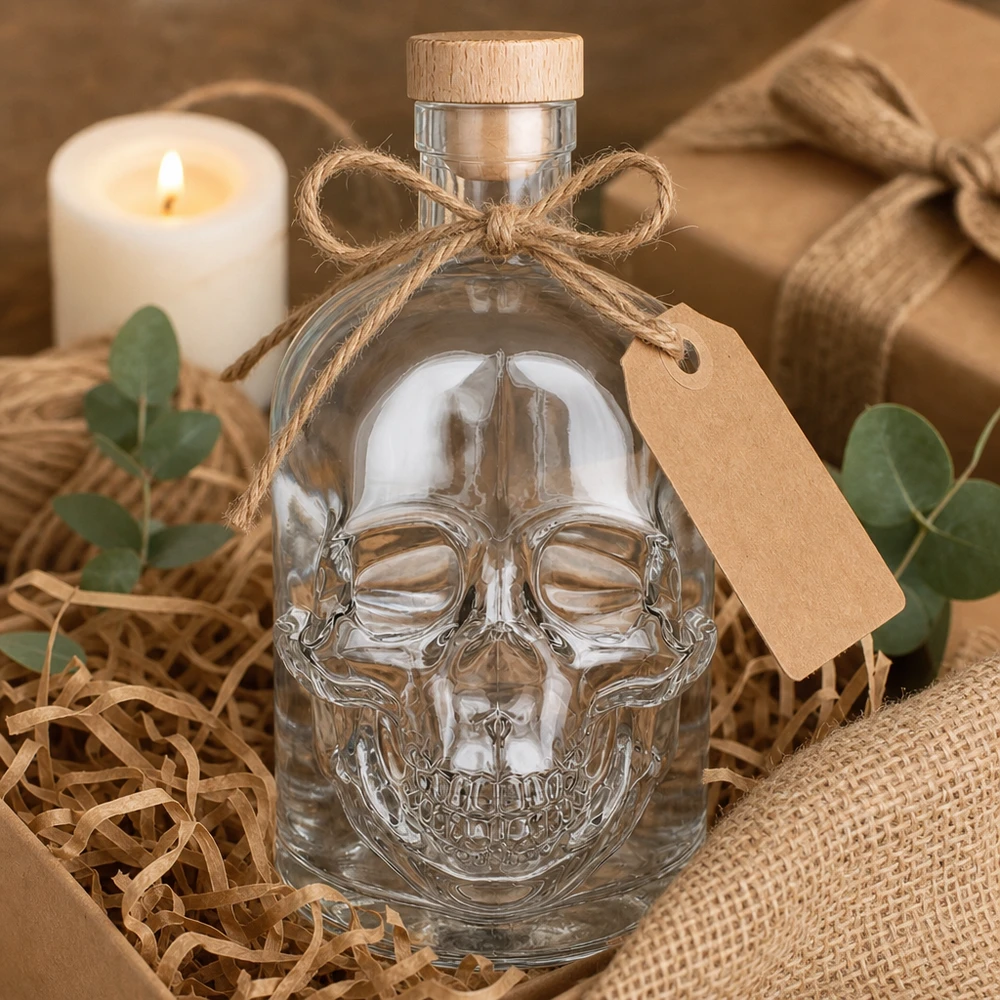 Botella de vidrio de 500 ml «Jack» con tapón de corcho con asa de madera UNiTWIST® Botella de cristal de calavera Jack de 500 ml envuelta para regalo con corcho, bolsa de yute, vela y decoración de eucalipto