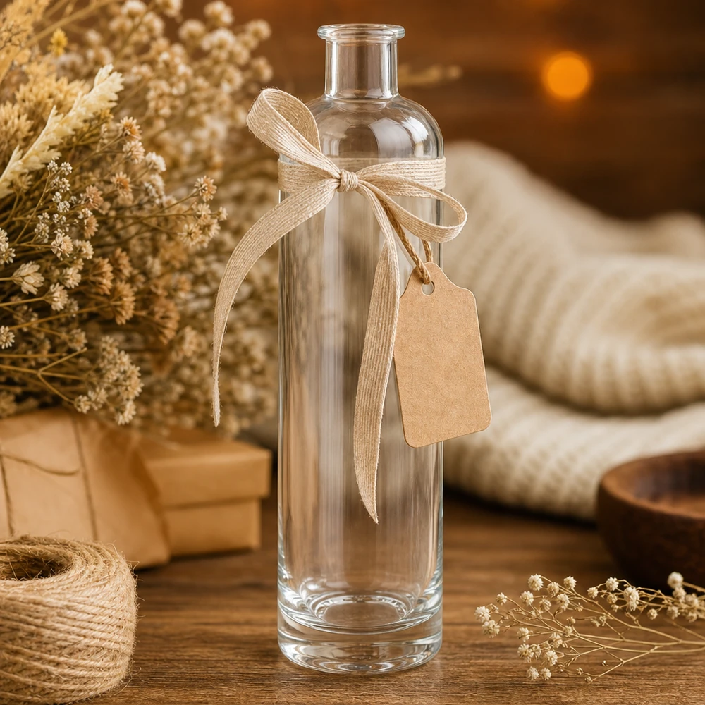 Botella de vidrio de 500 ml «Ella» sin tapón UNiTWIST® Botella de cristal de 500 ml Ella UNiTWIST como envase de regalo decorada con lazo y colgante de decoración rústica
