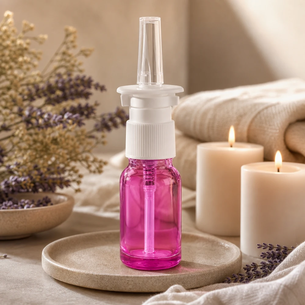 Frasco pulverizador nasal de 10 ml blanco/transparente estándar PurpleLine. UT18/10 Frasco de spray nasal de 10 ml con rosca STD UT18/10 en Purple Light para una dosificación precisa