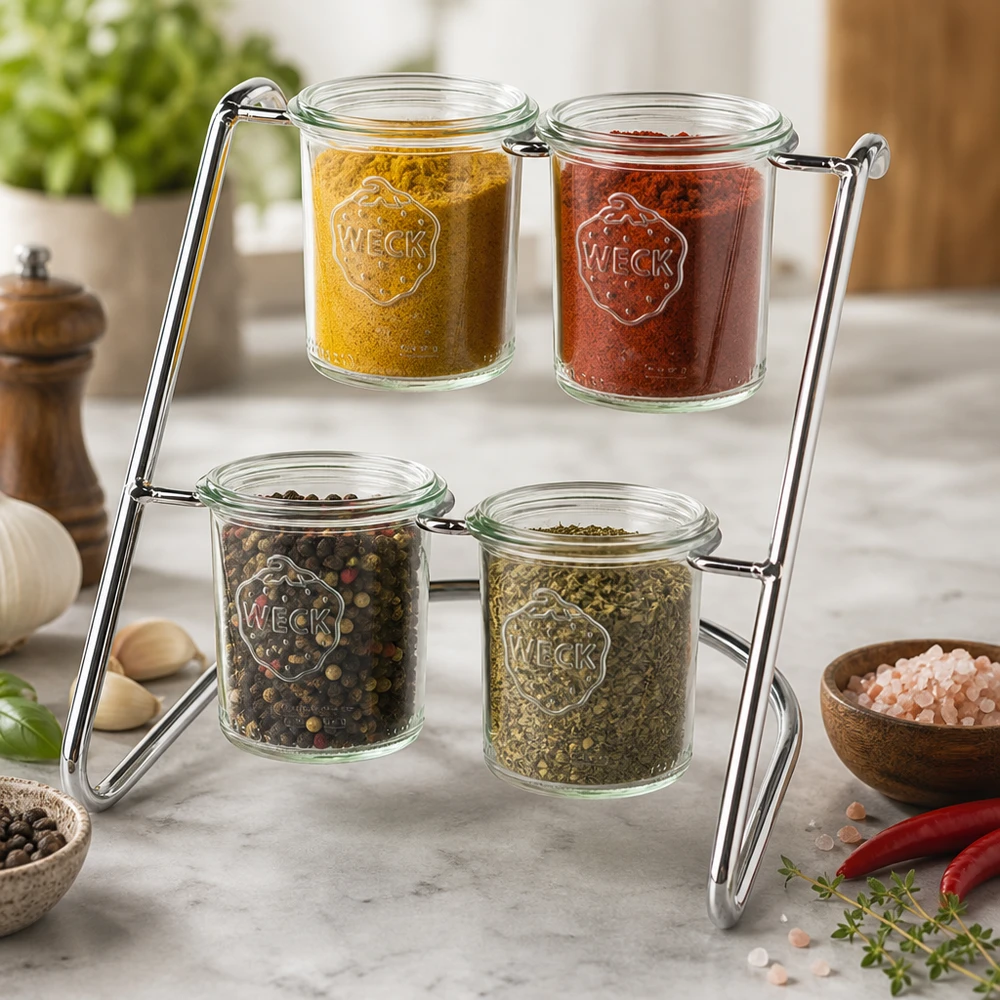 Portavasos Flato4 para 4 vasos WECK Flato4 estante para servir con especias y hierbas en tarros WECK - organización decorativa de la cocina en la encimera