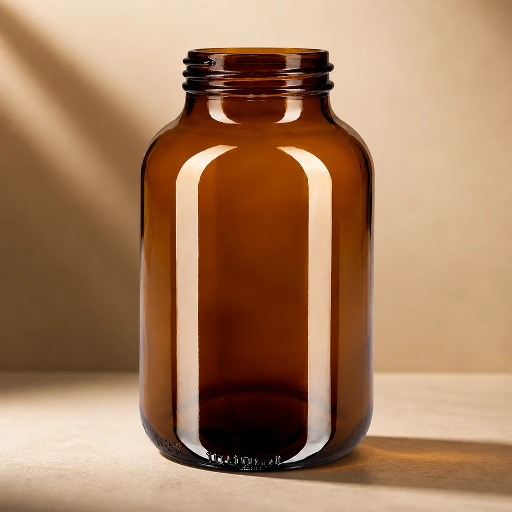 1000ml botella de vidrio ámbar de cuello ancho Robusta botella de vidrio de 1000 ml en color marrón para proteger de la luz UV y los rayos nocivos