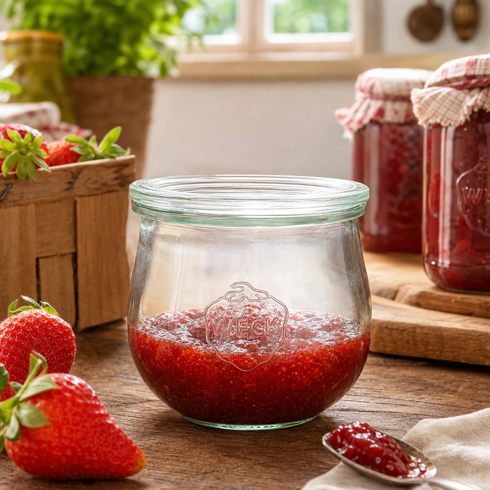 Tarro tulipa 370ml con tapa de cristal WECK RR80 Tarro tulipán WECK 370ml RR80 lleno de mermelada de fresa en una cocina rústica junto a fresas frescas y tarros de conserva