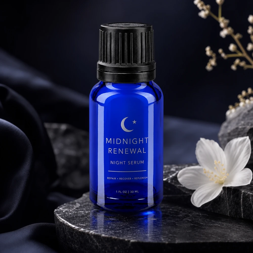 Frasco de suero de 10 ml de color azul oscuro, fabricado en vidrio borosilicato, con tapón de rosca negro estriado