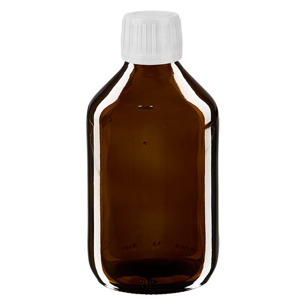 Frasco medicamento 250ml marrón, tapón blanco con precinto de seguridad ApoGlas Frasco medicamento 250ml marrón, tapón blanco con precinto de seguridad ApoGlas