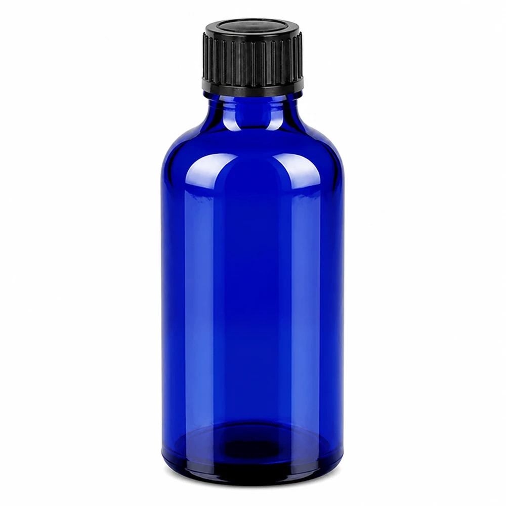 Frasco de vidrio azul de 50 ml con tapón de rosca negro para cosméticos y productos farmacéuticos