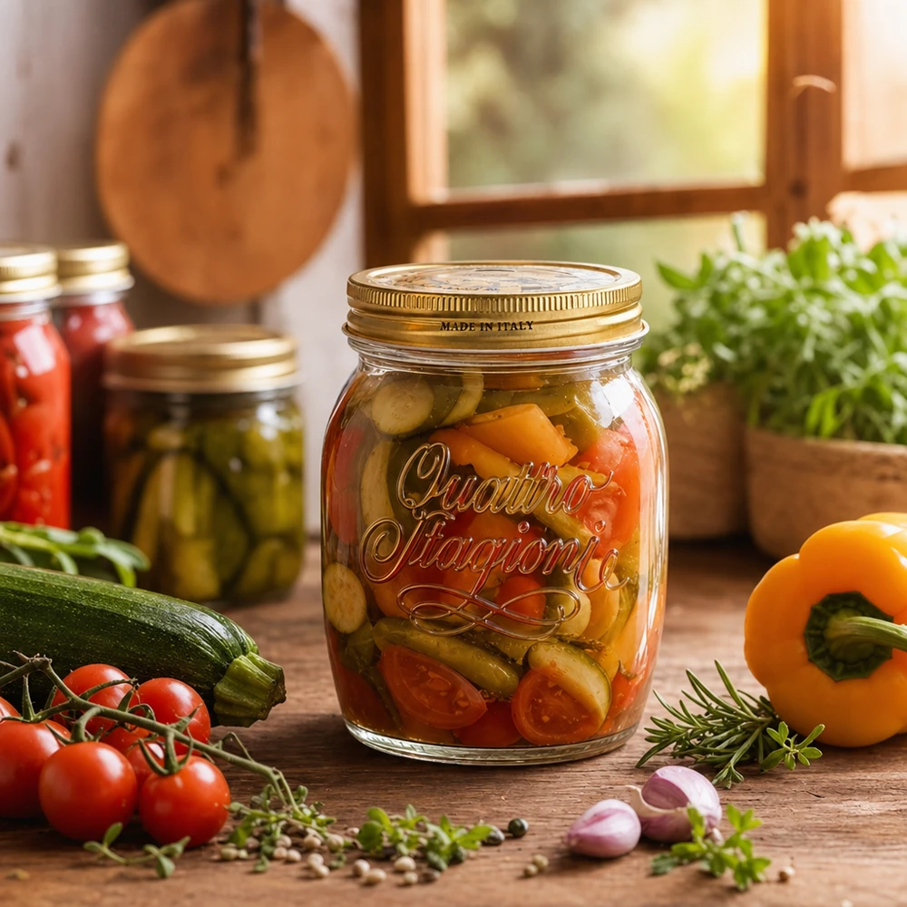 Tarro redondo "Quattro Stagioni" de 700 ml con tapa Tarro de conserva Quattro Stagioni de 700 ml con verduras en escabeche rodeado de ingredientes frescos sobre una mesa de madera rústica