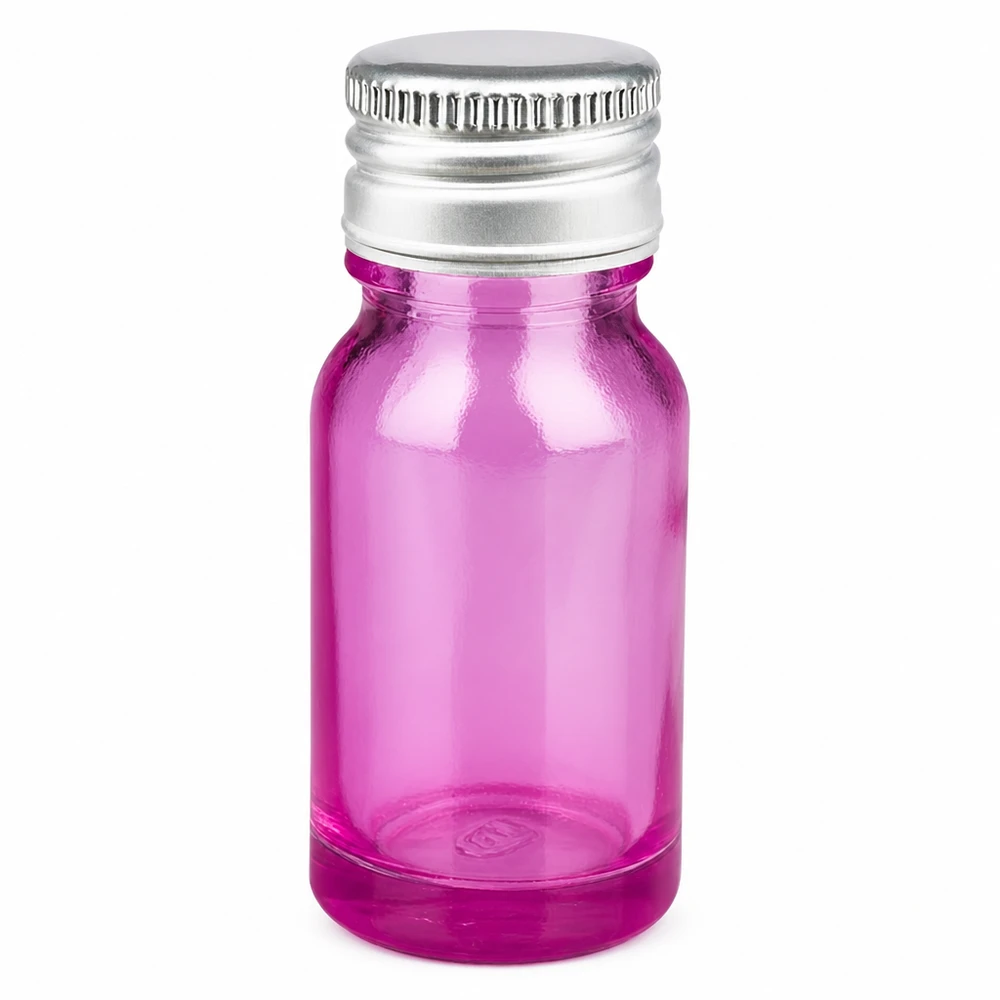 Frasco de vidrio de 10 ml de color morado con tapón de rosca de aluminio plateado para aceites esenciales