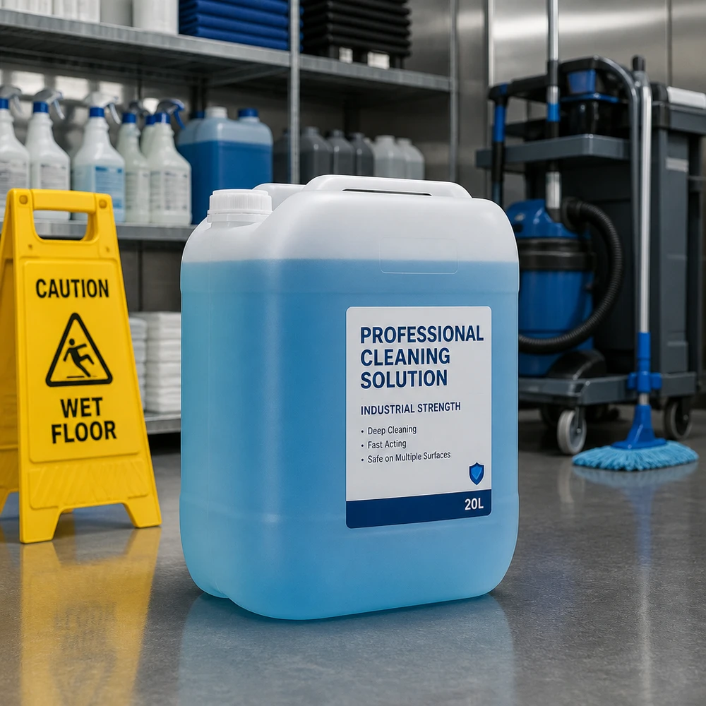 Bidón azul de 20 litros con solución de limpieza profesional en un entorno de almacén industrial