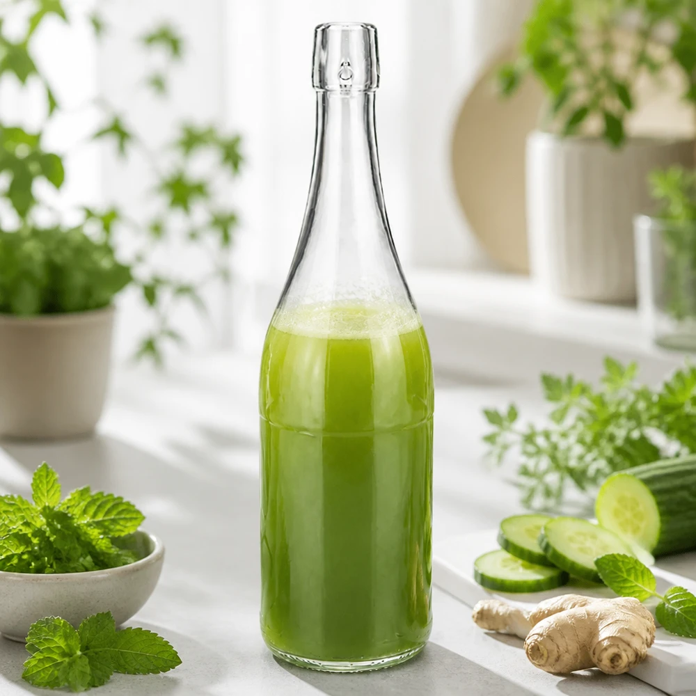 750ml UNiTWIST botella de vidrio llena de batido verde entre hierbas frescas pepino jengibre nutrición saludable