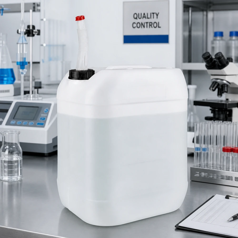 Depósito translúcido para líquidos de 20 litros con tubo de salida flexible en el laboratorio de control de calidad