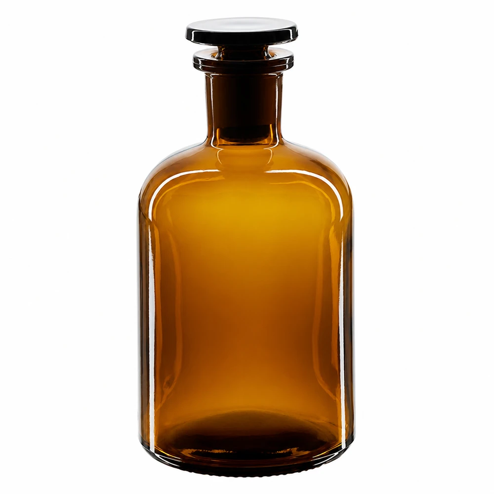 Botella marrón de hombros redondeados de 250 ml con tapón de cristal y cuello estrecho, fabricada en cristal de laboratorio de alta calidad