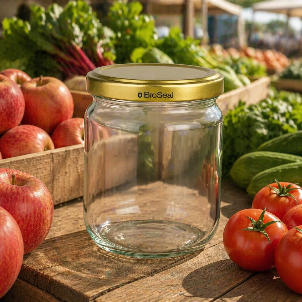 Tarro de miel BioSeal de 500 g vacío con tapa dorada rodeado de manzanas y tomates frescos en una mesa de madera al aire libre.