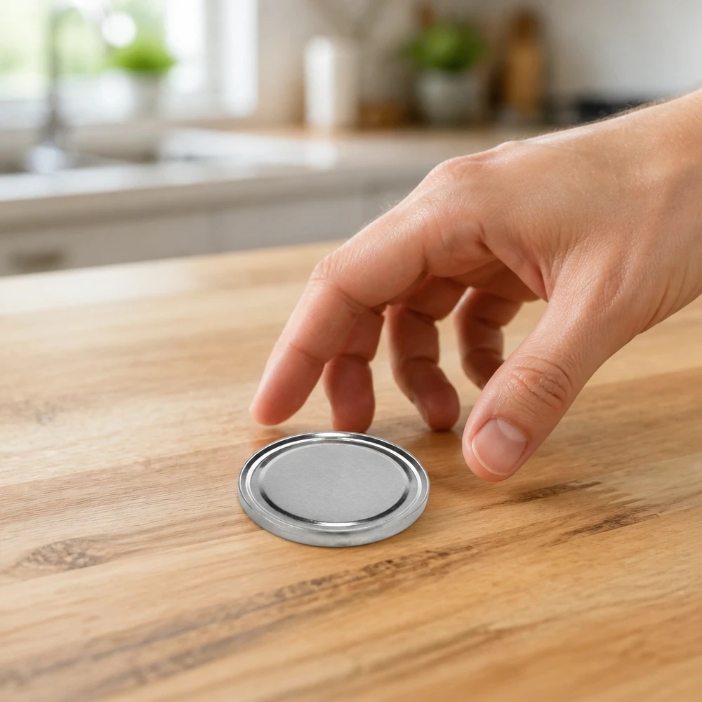 Tapa BasicSeal de 58 mm, color plata (TO58) UNiTWIST Tapa redonda plateada TO58 de tipo «twist-off» de 58 mm de BasicSeal sobre una mesa de madera en la cocina