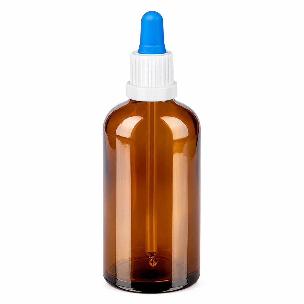 Frasco pipeta de vidrio ámbar de 100 ml con tapón blanco y pipeta azul para una dosificación precisa