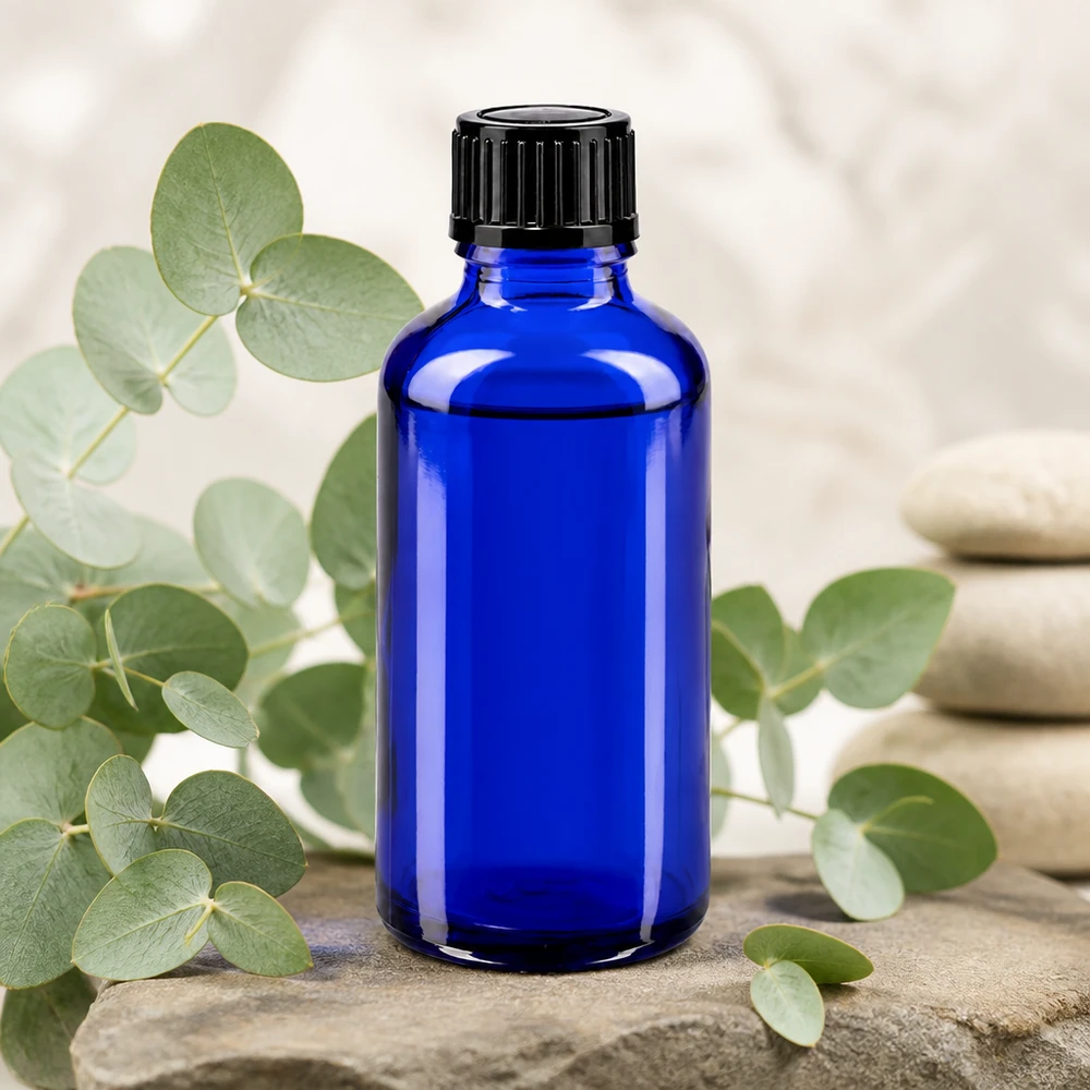 Botella de farmacia azul 50ml tapón cuentagotas 1mm negro estándar Frasco de farmacia azul de 50 ml con abertura para gotero de 1 mm y tapón negro sobre piedra natural