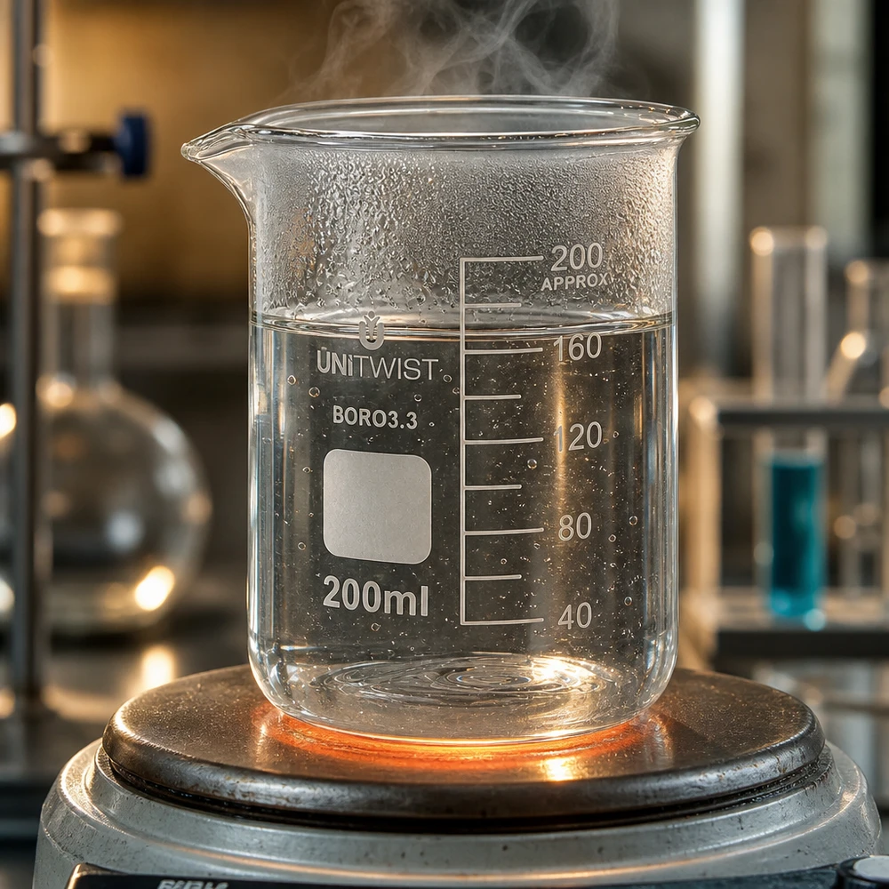 Vaso 200 ml borosilicato, molde bajo UNiTWIST Un vaso de precipitados de 200 ml colocado sobre una placa calefactora con agua humeante demuestra la resistencia al calor del borosilicato 3.3