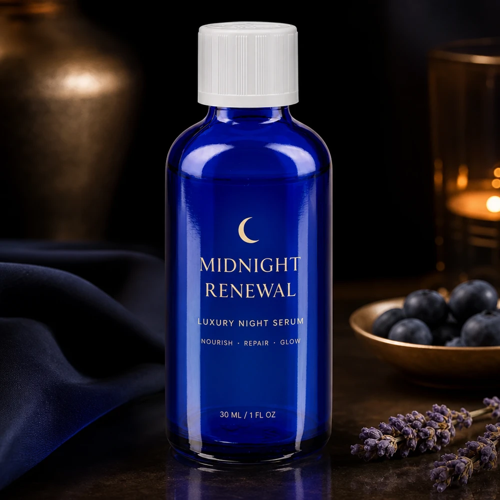 Pequeño frasco de cristal de 30 ml en azul real con tapón de rosca blanco y dosificador para el sérum de noche