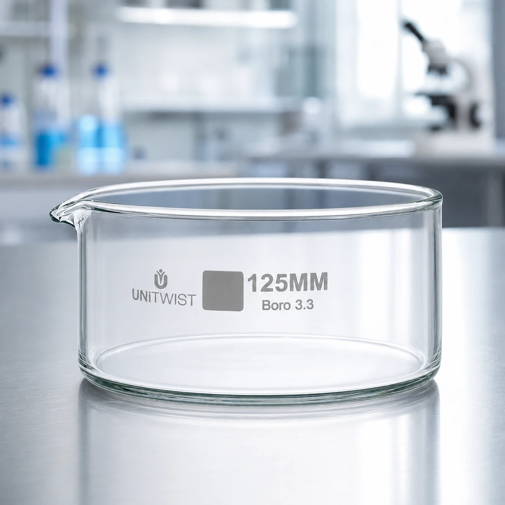 Cubeta de cristalización de 125 mm de diámetro, de vidrio borosilicato UNiTWIST Boro 3.3, vacía, sobre una mesa de acero inoxidable en el laboratorio