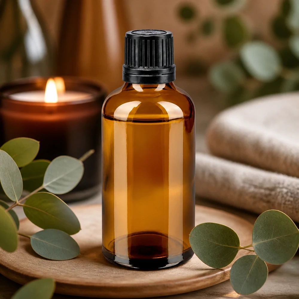 Botella de farmacia marrón 50ml tapón rosca anillo vertedor negro precinto inviolable Frasco cuentagotas de vidrio ámbar de 50 ml con tapón de rosca negro y aroma de eucalipto para el bienestar