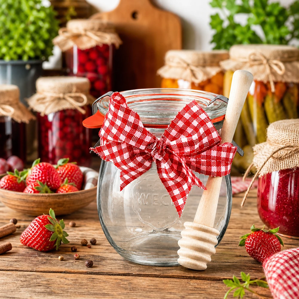 Tarro de conserva WECK de 220 ml con cinta roja y cuchara de miel de madera, rodeado de tarros de mermelada y fresas