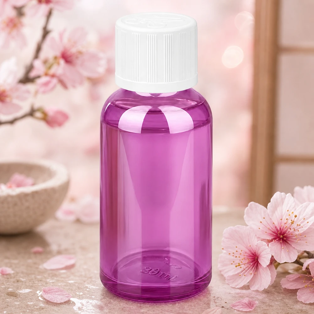 Frasco de vidrio morado de 30 ml con tapón a prueba de niños, ideal para almacenar líquidos de forma segura