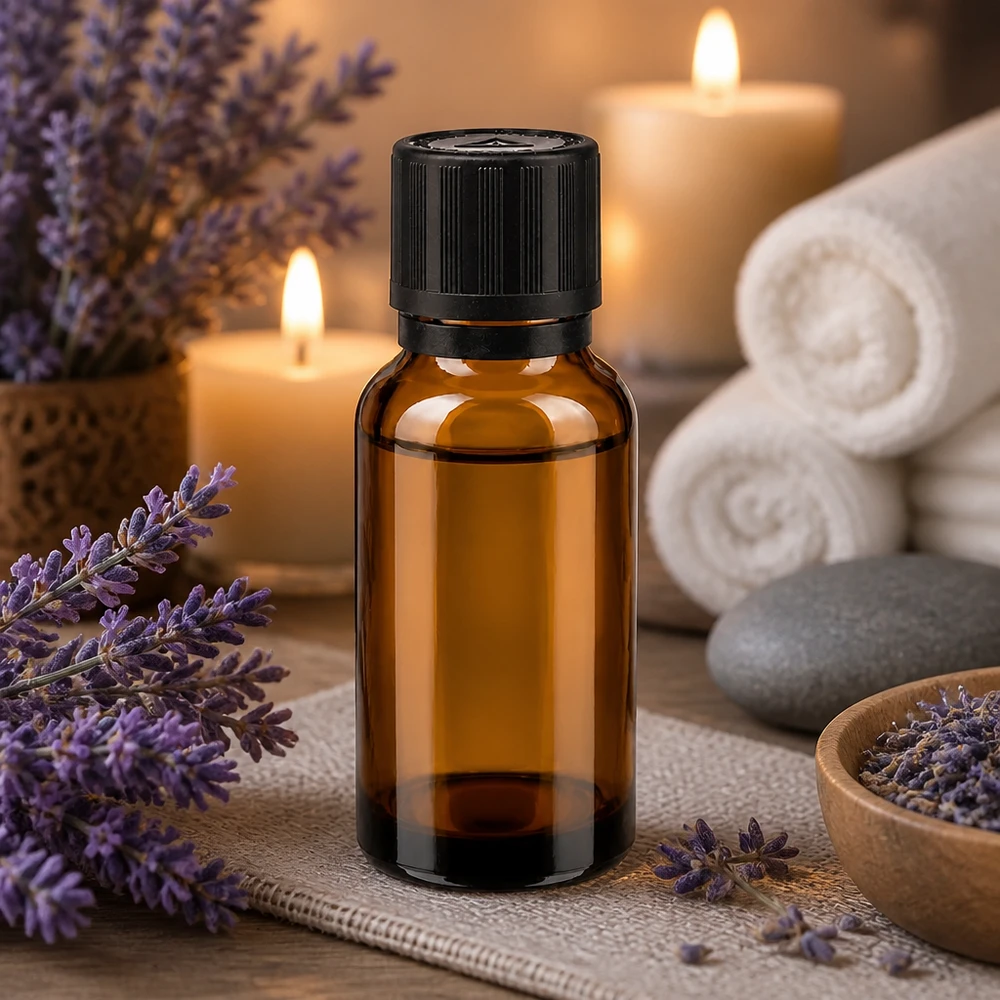 Frasco aromático de vidrio ámbar de 20 ml con tapón de seguridad negro y decoración de lavanda