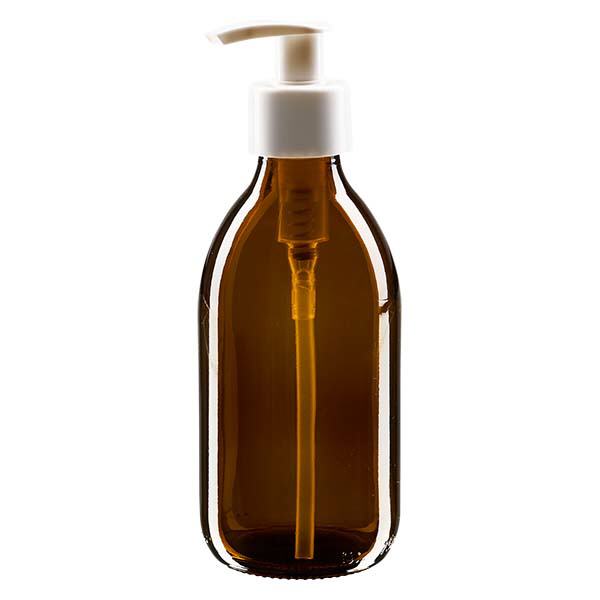 Frasco para medicamentos de 250ml marrón, con bomba dispensadora blanca ApoGlas Frasco para medicamentos de 250ml marrón, con bomba dispensadora blanca ApoGlas