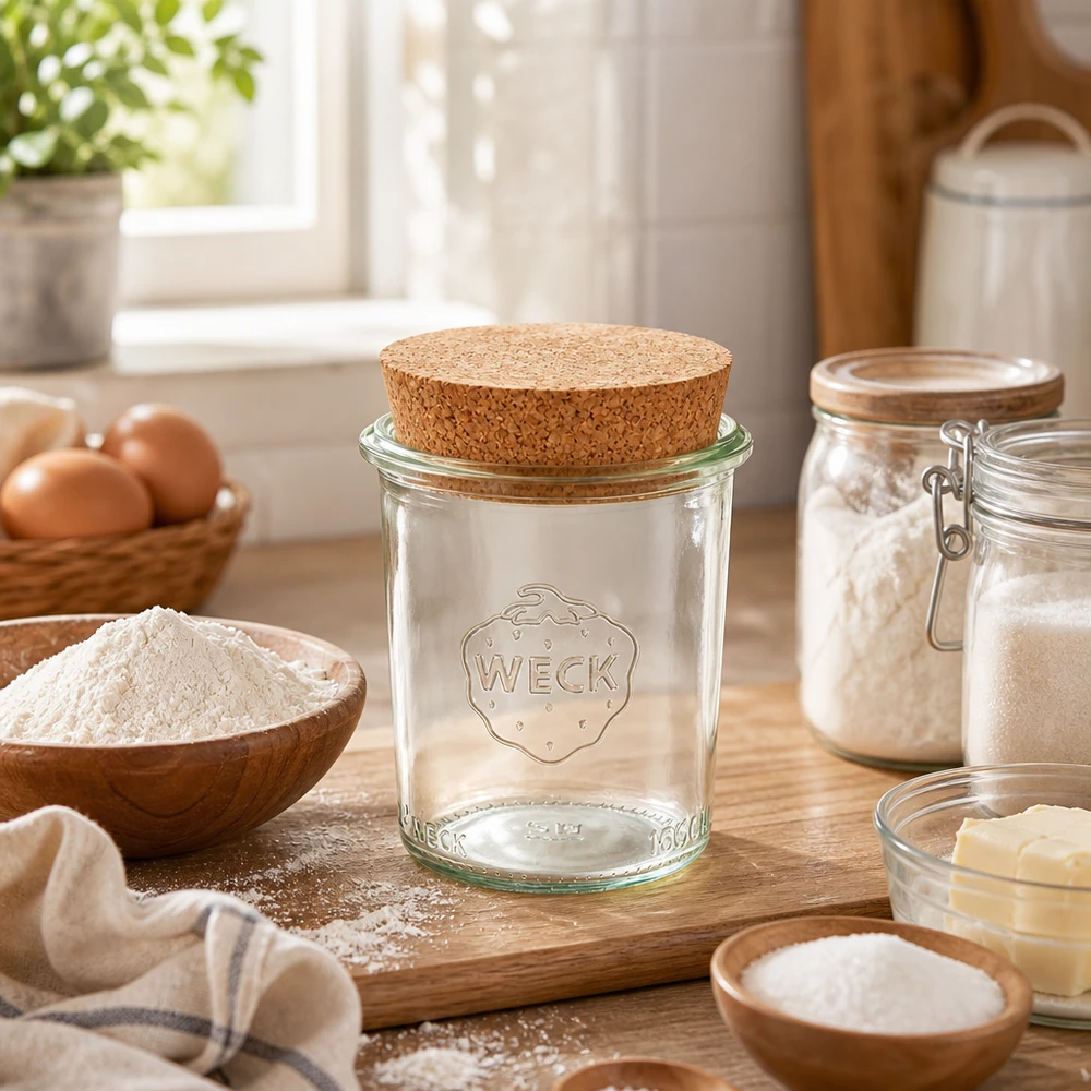 Vaso 160ml WECK RR60 con corcho natural WECK 160ml RR60 mason jar con corcho sobre una tabla de madera en una cálida cocina rodeado de ingredientes para hornear, harina y huevos.