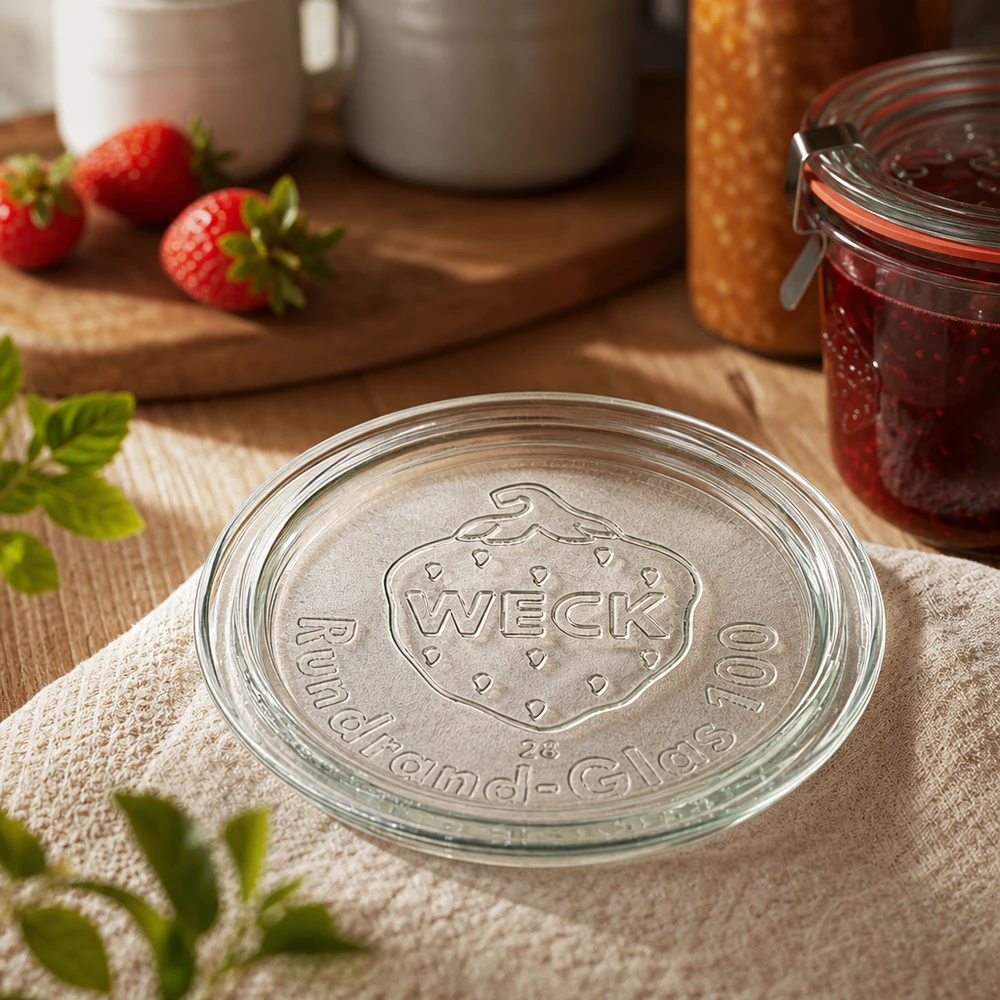 Tapa de tarro WECK RR100 Primer plano con logotipo de la marca en relieve sobre paño de cocina junto a mermelada de fresa en tarro