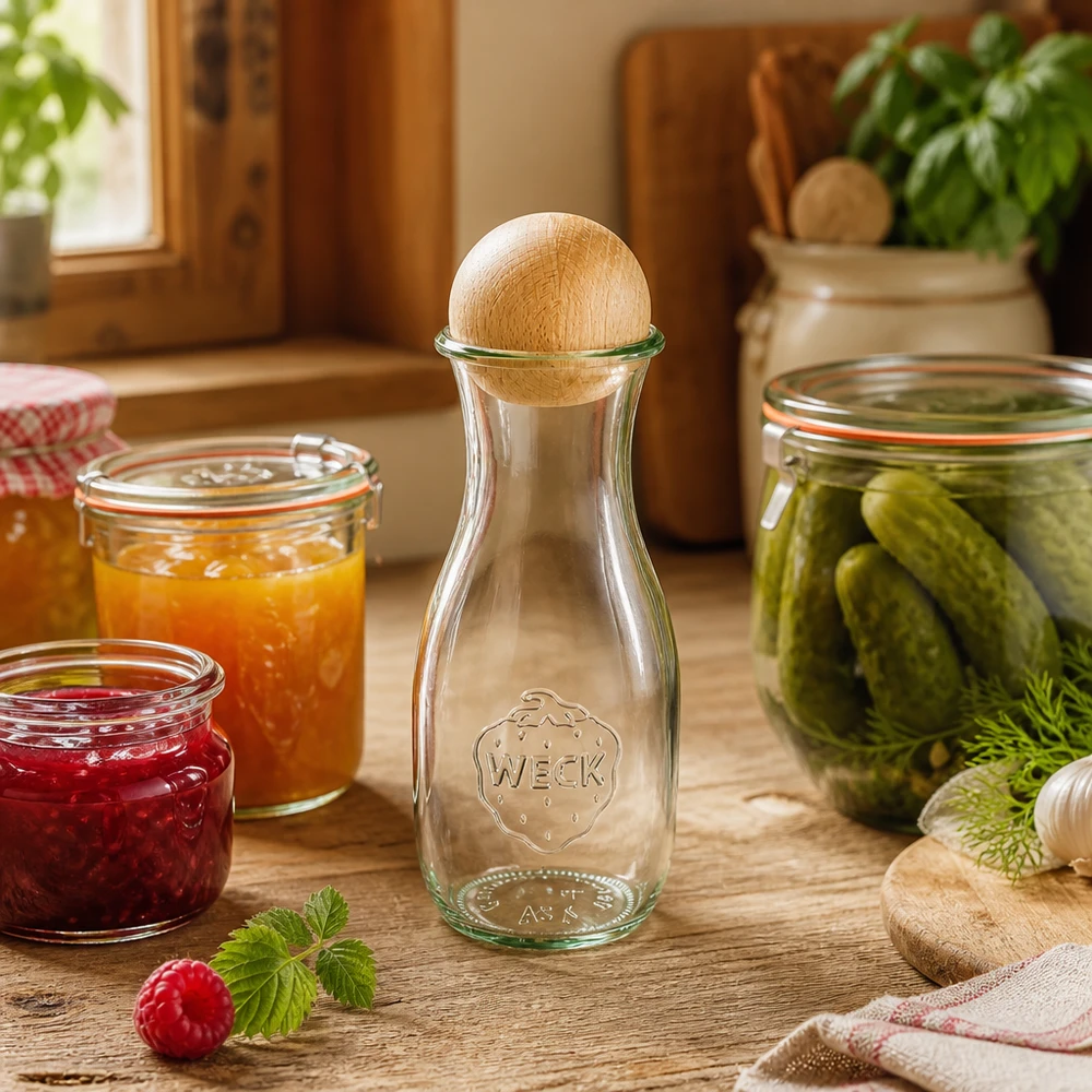 Botella de zumo WECK 530ml con tapón de madera en cocina rústica junto a tarros de conserva con mermelada y encurtidos