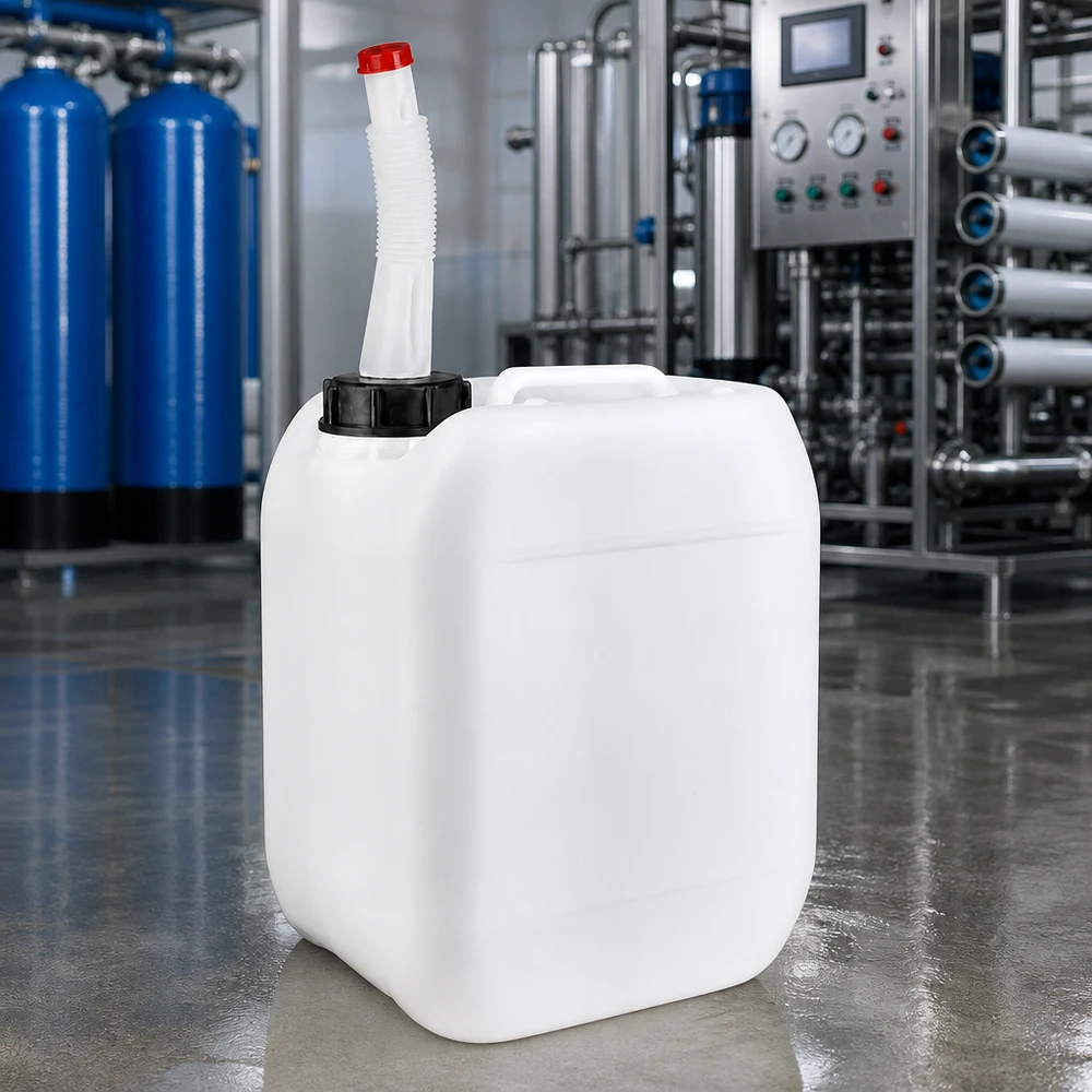 Bidón de 5 litros con tubo de salida flexible Depósito portátil de plástico de 5 litros con tubo de llenado flexible y tapón rojo en un entorno industrial