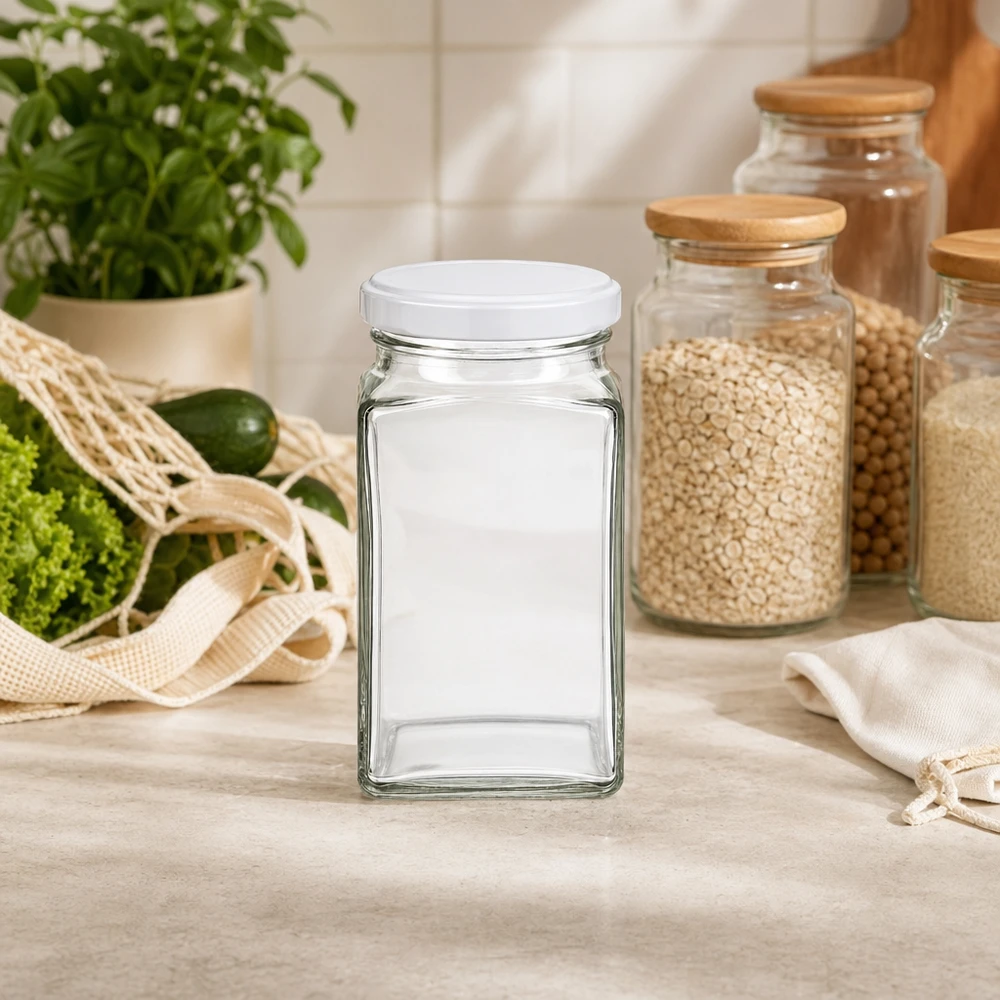 Tarro tetra de 260ml con tapa BasicSeal blanco UNiTWIST 260ml Tetraglas leer mit weißem Deckel in moderner Küche neben Vorratsgläsern mit Getreide nachhaltige Aufbewahrung