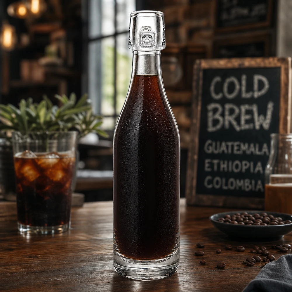 Botella de cristal UNiTWIST de 50 ml llena de café cold brew sobre una mesa de madera con granos de café y cristal